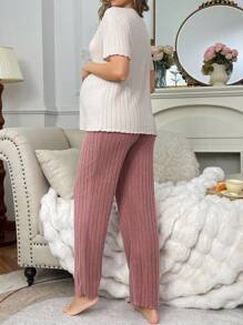 孕妇撞色蝴蝶结罗纹针织天鹅绒领子女士家居服套装 - 彩色 - 查看 2