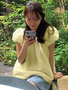 DAZY Blouse à manches bouffantes col carré de couleur unie pour femmes, jaune, top babydoll printemps/été - Jaune citron - Voir 5