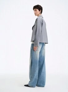 SHEIN Clasi 女士时尚通勤休闲日常长袖翻领斜前纯色夹克 - 灰色 - 查看 2