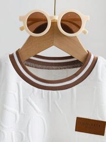 SHEIN Explorewe 2pcs/Set Young Boy Striped Crew Neck Short Sleeve Shirt & Shorts, Casual Outfit - White - View 3