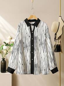 Lacomfia Unique Striped Print Pattern Plus Size Women Blouse, Commuter-Friendly