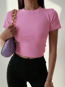 SHEIN EZwear Women Plain Color Short Sleeve T-Shirt, Casual Minimalist Style For Daily Wear - Pink - View 3