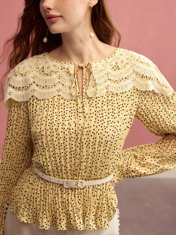 CONTRAST LACE POLKA DOT PLEATED BLOUSE,SPRING/SUMMER