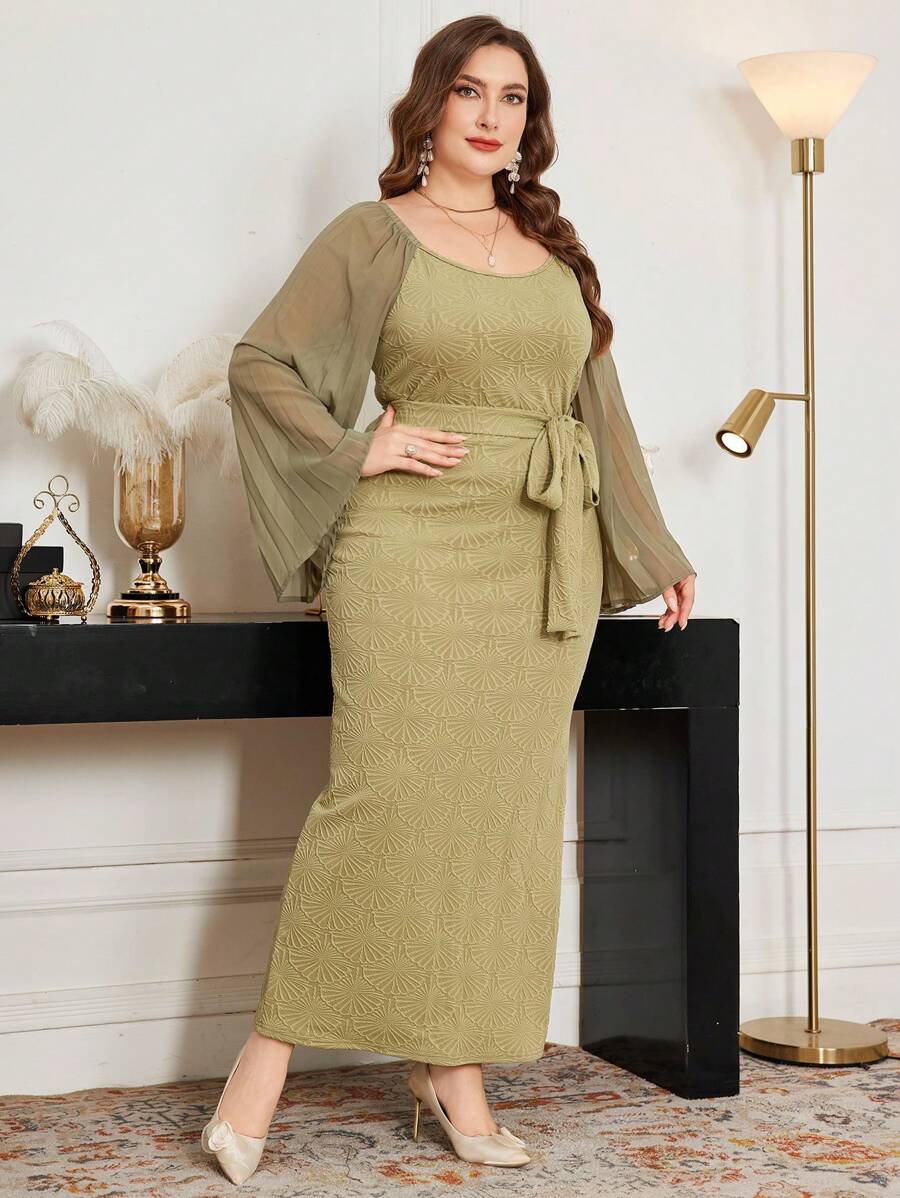 Modelyn Plus Size Round Neck Long Sleeve Mesh Patchwork Casual Long Dress - Olive Green - View 1