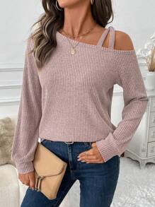 SHEIN LUNE Plus Size Women's Dusty Pink Autumn Asymmetric Neckline Ribbed T-Shirt,Smart Casual Everyday Elegant Pullover, Valentine's Day Warm Top - Dusty Pink - View 4