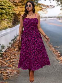 SHEIN VCAY Vestido largo estilo A con busto fruncido y estampado de leopardo, ideal para talla grande, otoño/invierno, Halloween y regreso a clases - Rosa Fucsia - Ver 5