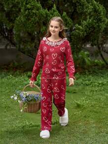 SHEIN Tween Girl Red Minimalist White Heart Print Long Pants And Long Sleeve Top Comfy Christmas 2 Pieces Loungewear Pajama Set