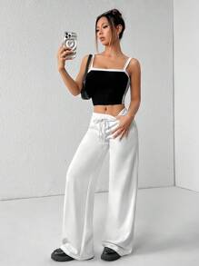 SHEIN PETITE Comfortable And Casual Plain Knitted Low-Rise Wide-Leg Women's Sweatpants