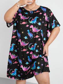 SHEIN CURVE+ Plus Size Summer Colorful Dinosaur Short-Sleeved Dress, Casual Cartoon Pattern Print, Cute