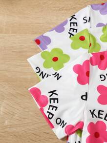 SHEIN Ensemble assorti de jeune fille comprenant un short à imprimé floral d'été, un t-shirt top casual à manches courtes et col rond, ainsi qu'un legging de couleur unie - Multicolore - Voir 4