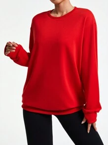 Easithlete Women's Solid Color Round Neck Long Sleeve Casual Sporty Sweatshirt