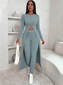 VaVaBold 2 pièces/set T-shirt à fente maxi côtelé en molleton et pantalon, vêtements d'hiver, ensembles de pulls, manches longues, ajusté, cratères en molleton, tenue de randonnée, hauts d'hiver, leggings d'hiver, ensemble pour femmes, dame élégante, hauts d'automne, vêtements d'hiver, gardez au chaud, manches longues