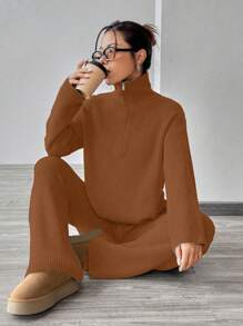 SHEIN Unity 2 Pieces Plain Color Minimalist Casual Top And Pants Set, Versatile - Brown - View 6