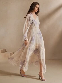 Anewsta Women Bowknot Decor Floral Print Asymmetric Hem Long Sleeve Modest Dress, Spring Outfit - Apricot - View 1