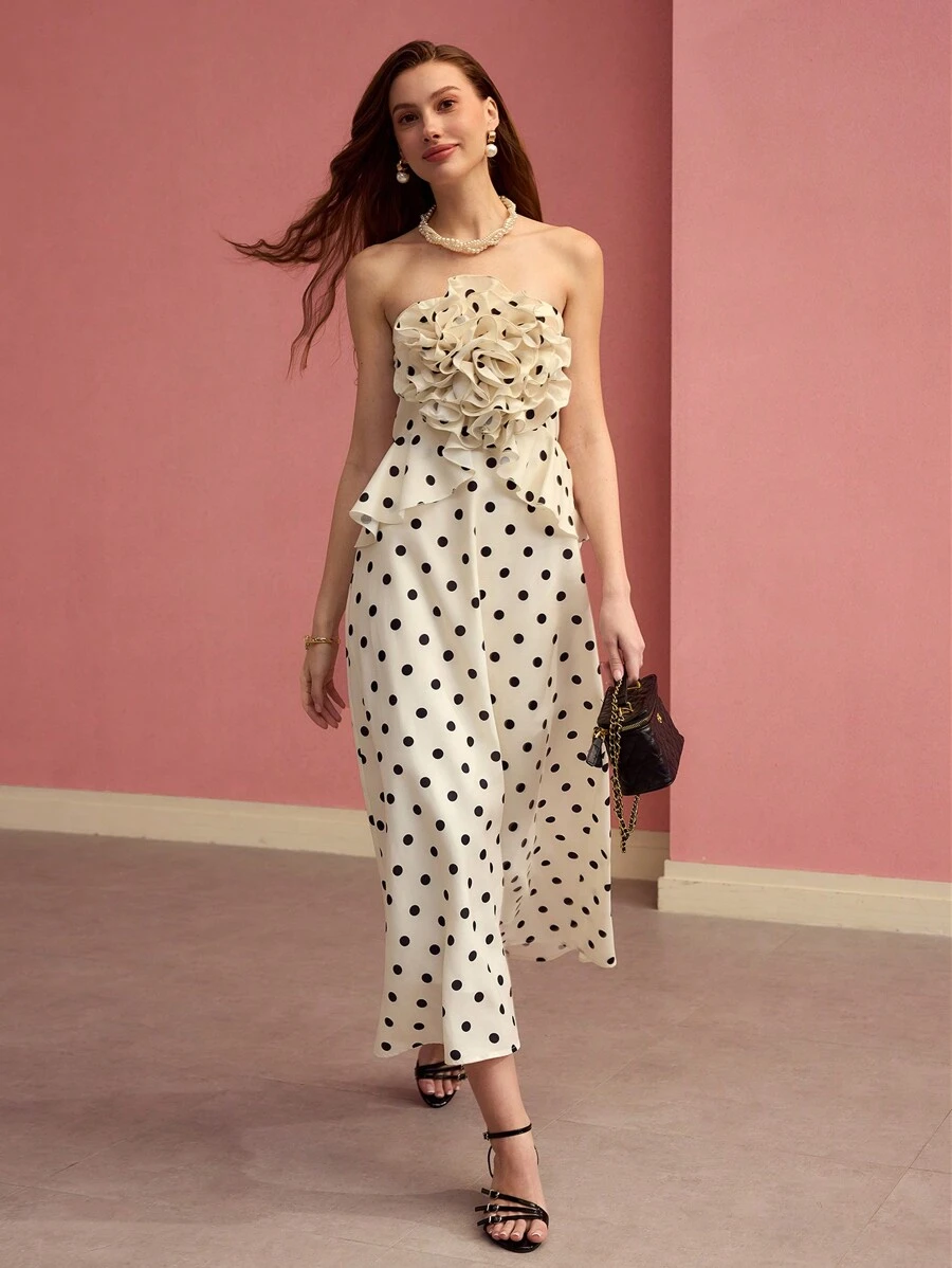 MOTF PREMIUM POLKA DOT STEREO FLORAL TUBE DRESS,SPRING/SUMMER - Black and White - View 1