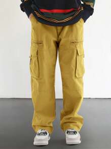 Men Solid Flap Pocket Side Cargo Pants - Yellow - View 3