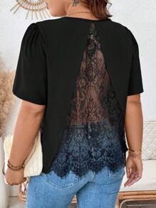 SHEIN LUNE Women's Hollow Out Contrast Lace Back Design Fashionable Versatile Sexy Plus Size Shirt, Suitable For Party, Evening, Casual, Vacation, Cooling, Stress Relief, Evening Long Gown, Elegant Fashion Women Lounge, Summer For Women, St. Patrick's Day, Rave, Festival, Spring Break, Saint Patrick, Boho