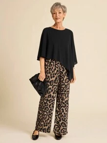 SHEIN LUNE 度假两件套，夏季假日休闲纯色不对称下摆衬衫和豹纹长裤 2 件套