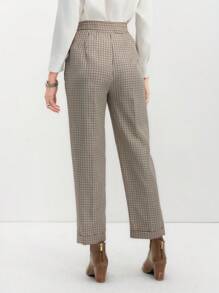 SHEIN LUNE 情人节女士格子系带腰口袋细节直筒休闲裤，办公室/通勤装 - 卡其色 - 查看 4