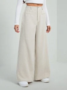 SHEIN Tall Quần nhung kẻ sọc đơn giản cổ điển màu trơn cho nữ, quần kaki cho nữ, quần ống rộng cho nữ - Màu Khaki - Xem 7