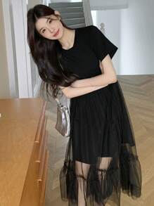 DAZY 女式撞色网眼圆领短袖中长连衣裙（夏季） - 黑色 - 查看 8