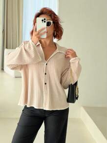 SHEIN Frenchy Plus Size Casual Elegant Contrast Color Trim Collared Open Front T-Shirt - Apricot - View 1