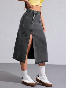 SHEIN ICON Women's Simple Front Button Pocket Split Hem Casual Denim Skirt - Dark Grey - View 6