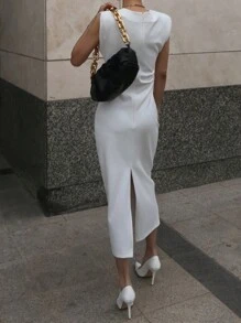 DAZY 女式圆领、宽肩带、束腰、后开衩连衣裙 Y2k 太阳裙 - 白色 - 查看 2