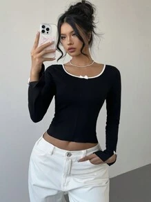 Aloruh 女士休闲拼色蝴蝶结饰边开衩 T 恤，秋季兔子女士服装感恩节女士性感女士秋季服装圣诞节女士上衣外出上衣