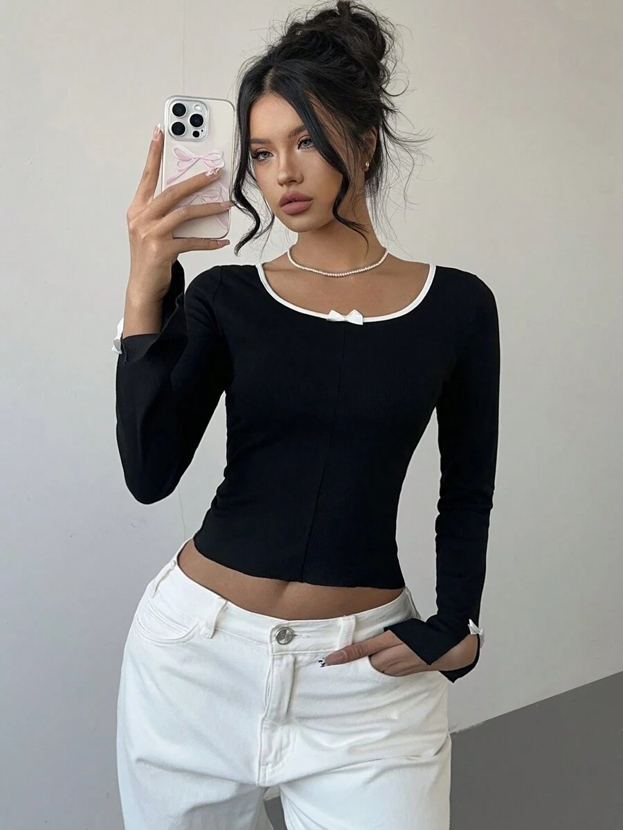 Aloruh 女士休闲拼色蝴蝶结饰边开衩 T 恤，秋季兔子女士服装感恩节女士性感女士秋季服装圣诞节女士上衣外出上衣