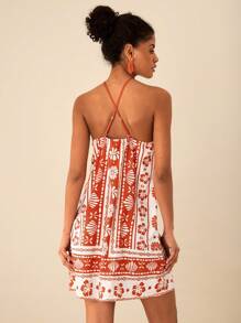 Travachic Women's Floral Print Casual Halter Neck Mini Dress,Vacation Casual Beach Dress