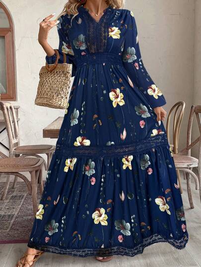 SHEIN VCAY Plus Size Lace Patchwork Long Sleeve Casual Long Dress,Beach Dress Sundress,Holiday Outfits Boho