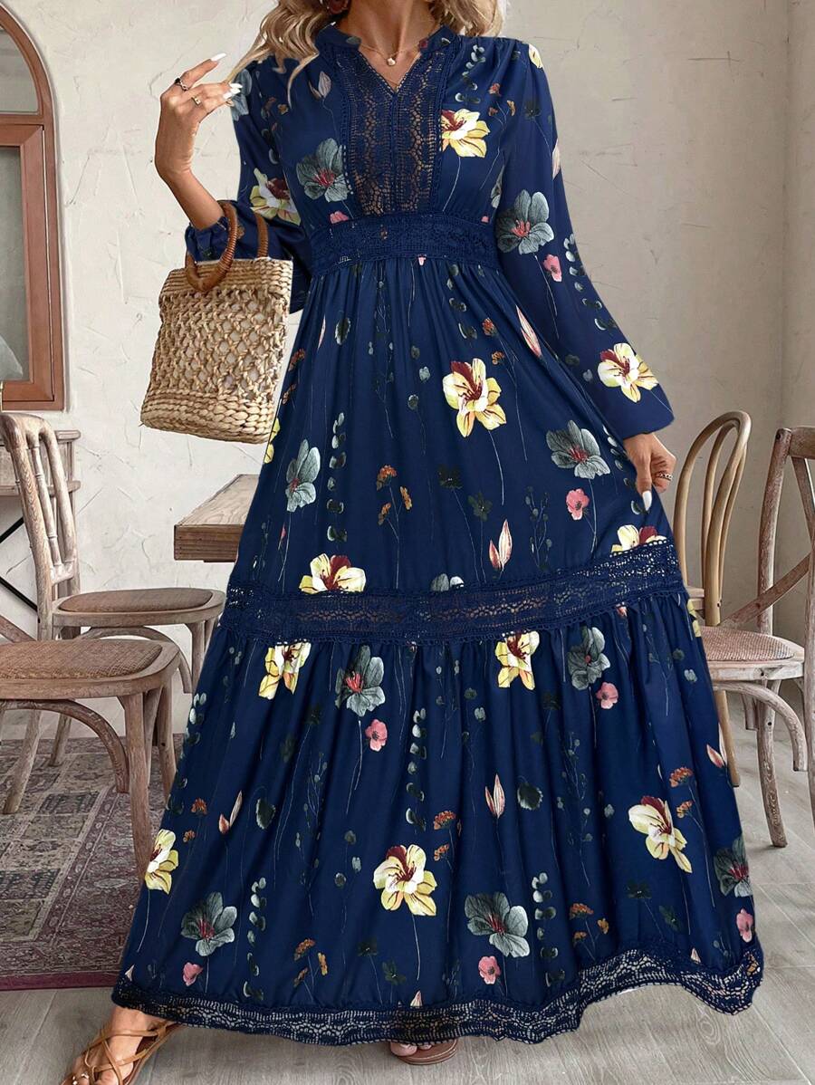 Vestido largo informal de manga larga con parches de encaje para tallas grandes - Azul Marino - Ver 1