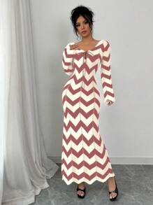 Calvaya Women's Striped Tie-Up Long Sleeve Casual Long Knitted Sweater Dress