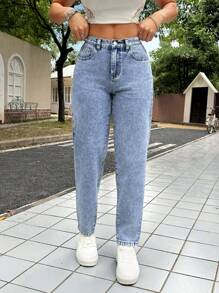 SHEIN PETITE 娇小款女士休闲修身锥形七分牛仔裤，蓝色低腰宽松牛仔裤，喇叭裤型女式牛仔裤，娇小款女式牛仔裤，秋季女装 - 淺色水洗藍 - 查看 2