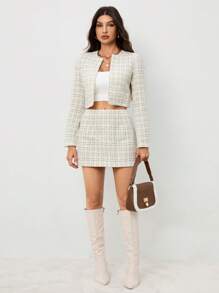 SHEIN Tall 2 件套女士格子长袖夹克和迷你裙女士套装