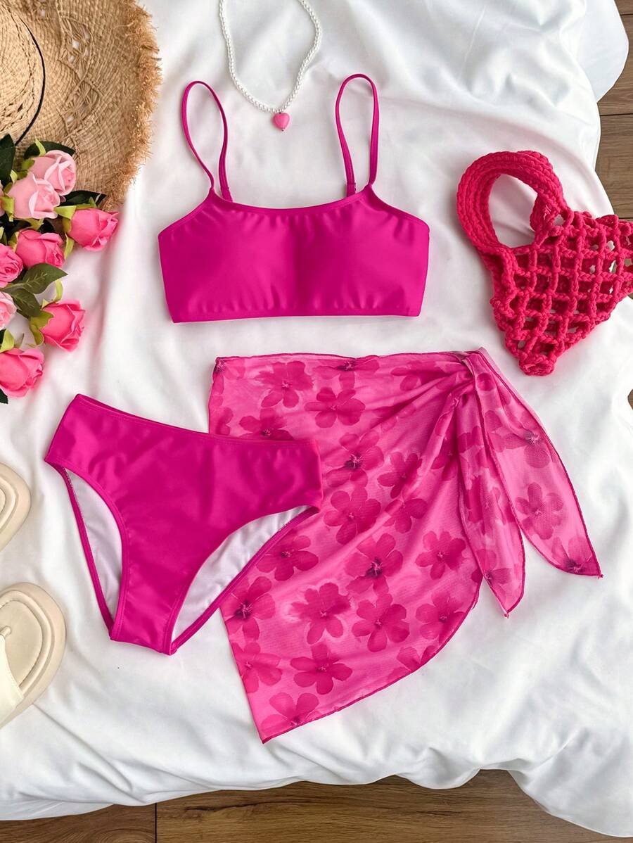 SHEIN 少女三件套:粉色纯色针织比基尼上衣、花卉印花染色裙子、度假休闲沙滩装 - 玫紅色 - 查看 1