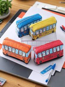 1Pc Large-Capacity Creative Bus Pencil Bag, 6.5*19*6cm Canvas Zipper Pencil Case, Pencil Case, Suitable For Office And School Supplies, Desk Storage Tools, Birthday Gifts, Red/Yellow/Blue/Orange,Back To School,School Supplies - Multicolor - View 1