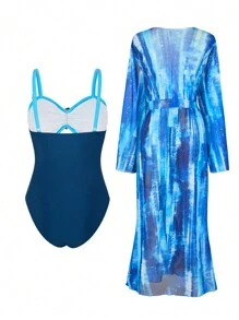 Swim Oasis Conjunto de 2 piezas para mujer talla grande - Traje de baño de una sola pieza con recorte calado de 3 capas, decoración metálica y contraste de color azul, con bata holgada de manga larga para cubrir, cómodo y de alta gama para el verano