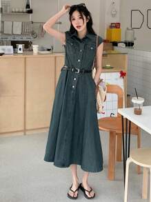 DAZY Women's Front Button Sleeveless Pocket Casual Long Dress Shirt Dress - Blue - View 1