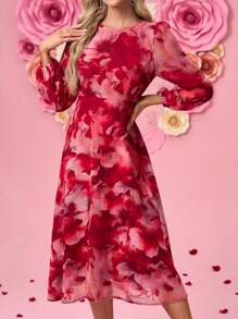 SHEIN Clasi Floral Print Round Neck Lantern Sleeve Mid-Length Dress For Women,Spring Outfits For Women, Coquette ,Festival,Old Money