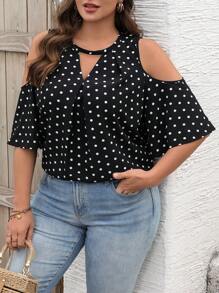 SHEIN VCAY Plus Size Polka Dot Open Shoulder Short Sleeve Blouse, For Summer - Black - View 6