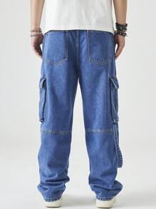 Chillumni Men's Simple Loose Multi-Pocket Casual Jeans, For Daily Wear - Medium Wash - View 2