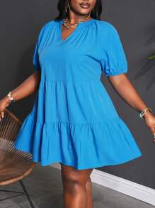 Slaydiva 宽松纯色灯笼袖 A 字形荷叶边下摆大码女式连衣裙，休闲度假风格，春夏