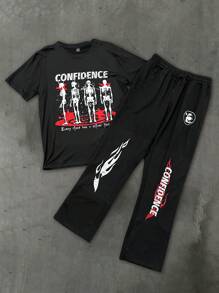 Manfinity Roghcode Men's Casual Skull & Letter Print Short Sleeve T-Shirt And Drawstring Waist Long Pants Set - Black - View 4