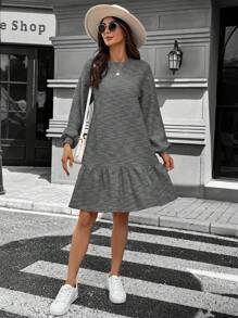 SHEIN LUNE Women Casual Waffle Crew Neck Ruffle Trim Long Sleeve Dress Business Casual Woman