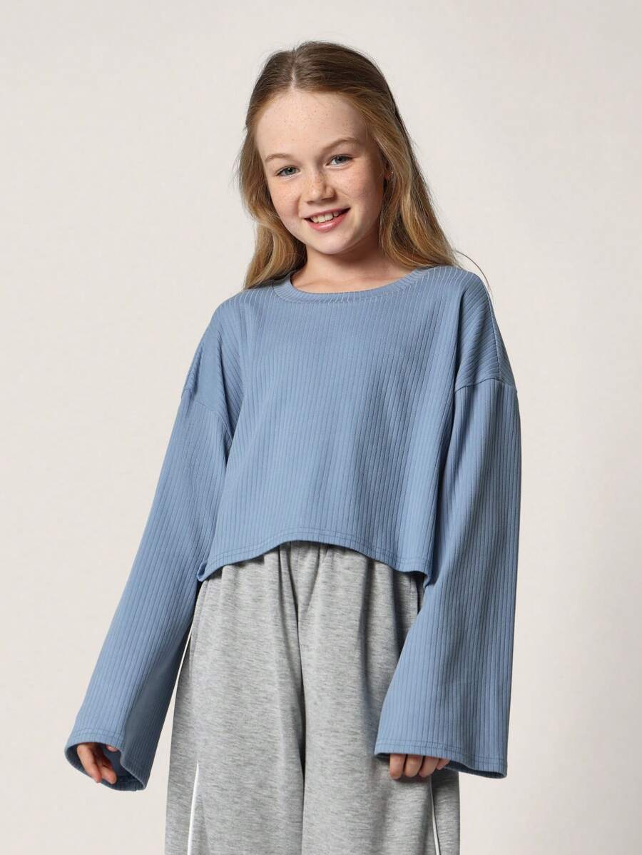 SUMWON Mädchen Teens Bequemes Crop Fit blaues Rippstoff Langarm Oversized Shirt