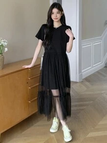 DAZY 女式撞色网眼圆领短袖中长连衣裙（夏季） - 黑色 - 查看 5