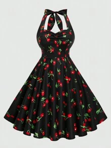 Sweetra Plus Size Halter Cinched Waist A-Line Dress, Featuring Valentine's Day Design Cherry Print, For Summer - Multicolor - View 1