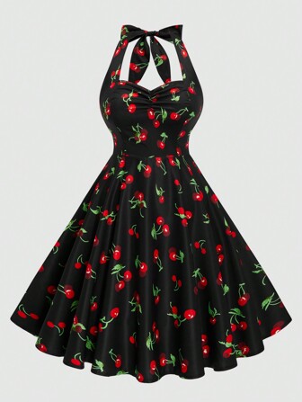 Sweetra Robe à taille marquée en A avec encolure ras-du-cou, avec imprimé de cerises pour la Saint-Valentin, pour l'été, grande taille